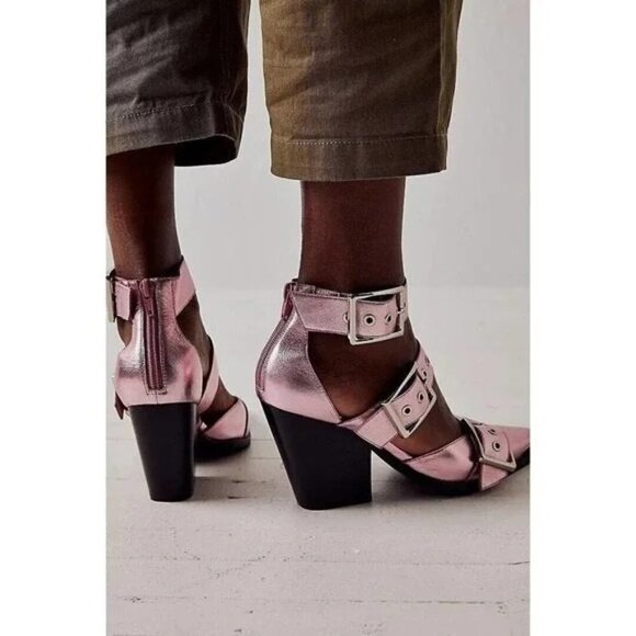 Free People X Jeffrey Campbell Hendrix Heels Buckles Leather US 8 Pink Metallic